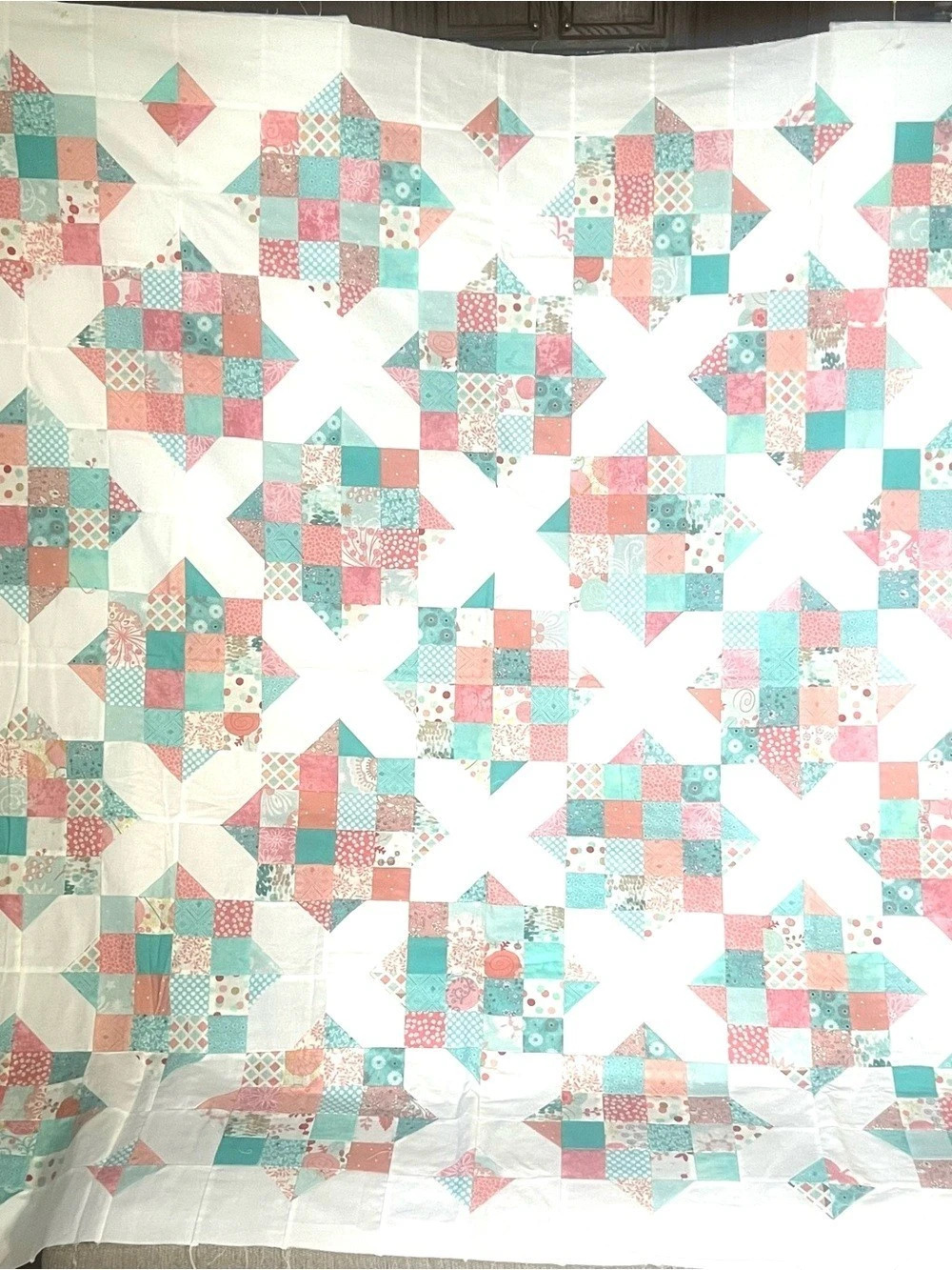 Patchwork Geometric Quilt in White & Pink